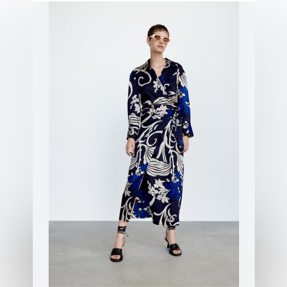 Zara Print Collard Wrap Dress Medium - Picture 8 of 8